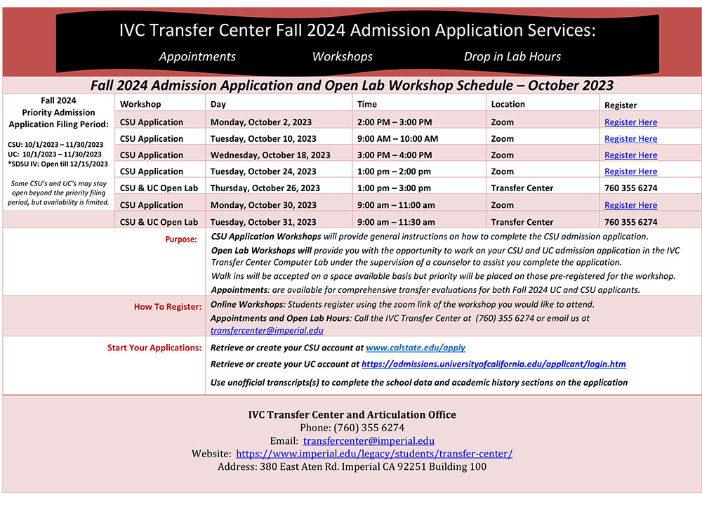   IVC Transfer Center Fall 2024 Admission Application
