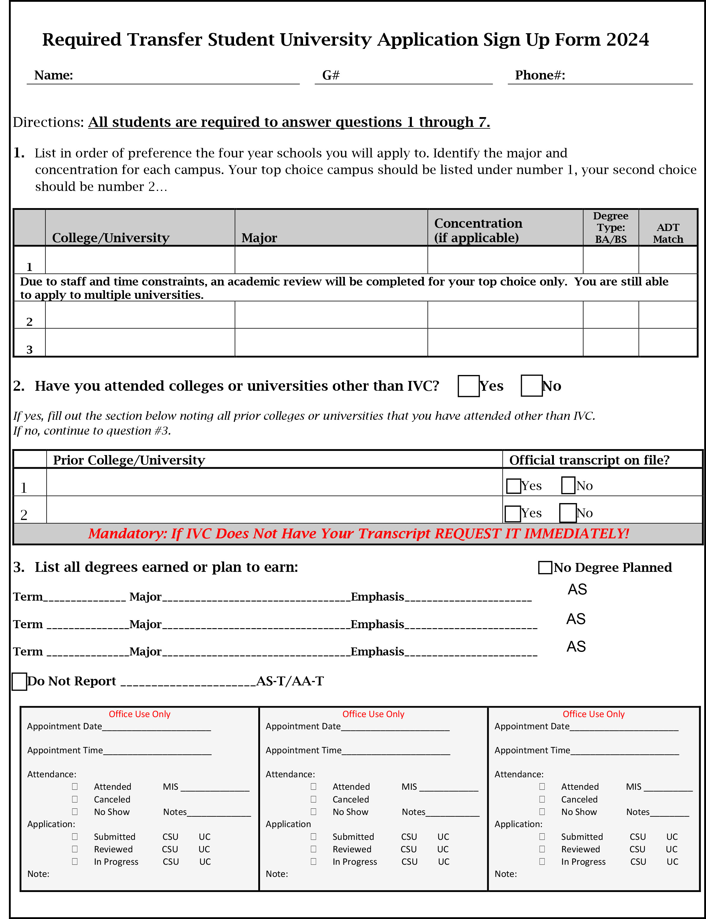 2024 Required Transfer Student University Application Sign up Form Fillable 1 1